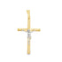 A two-tone crucifix pendant features a white gold figure of Jesus on a polished yellow gold cross against a plain white background.