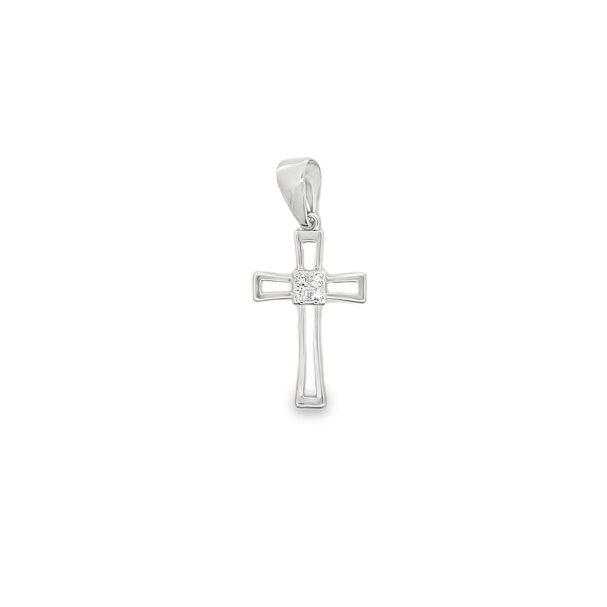 A polished white gold cross pendant features a sparkling diamond accent set in the center.