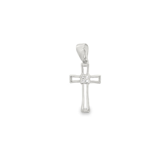 A polished white gold cross pendant features a sparkling diamond accent set in the center.