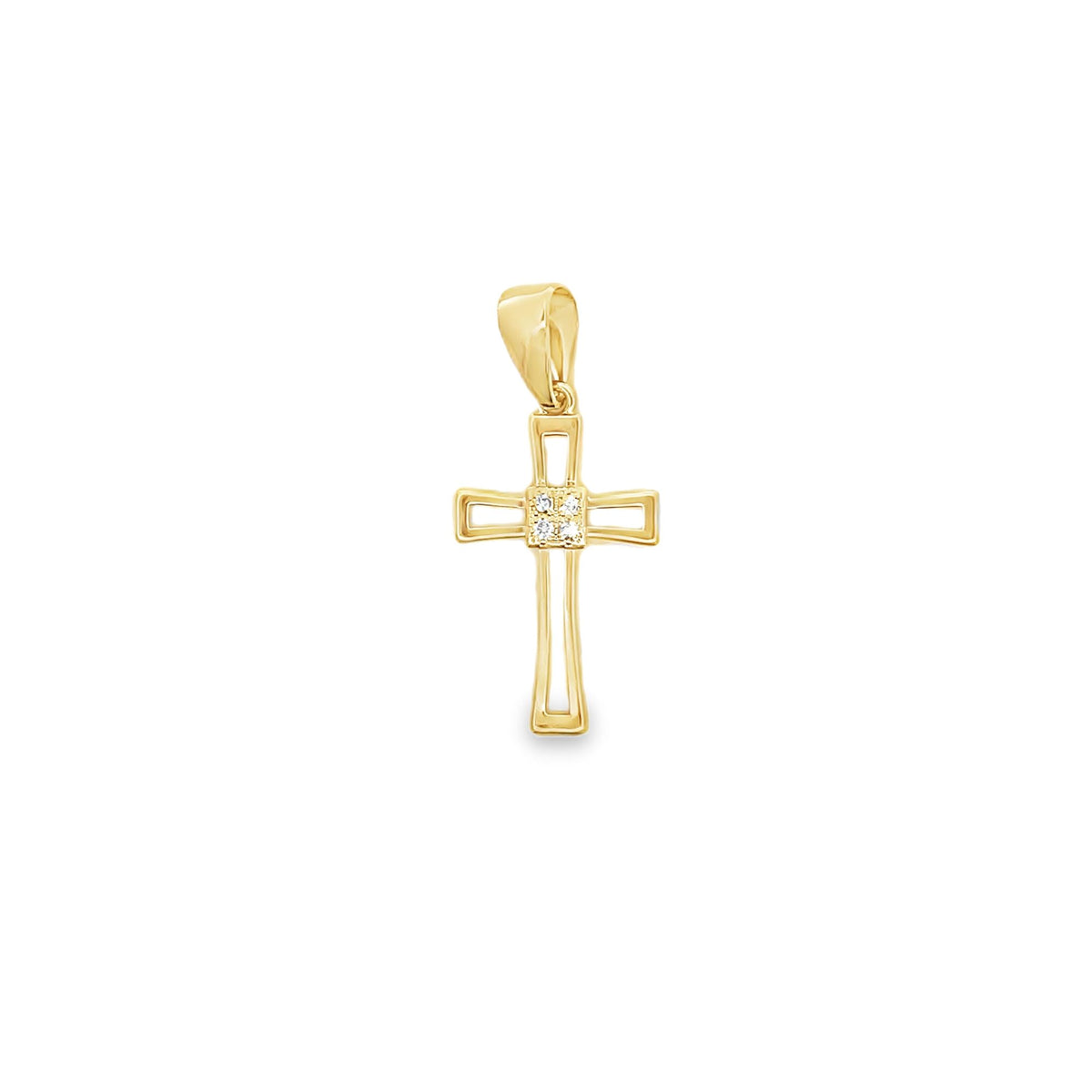 A polished gold cross pendant features four sparkling diamonds set at its center against a plain white background.