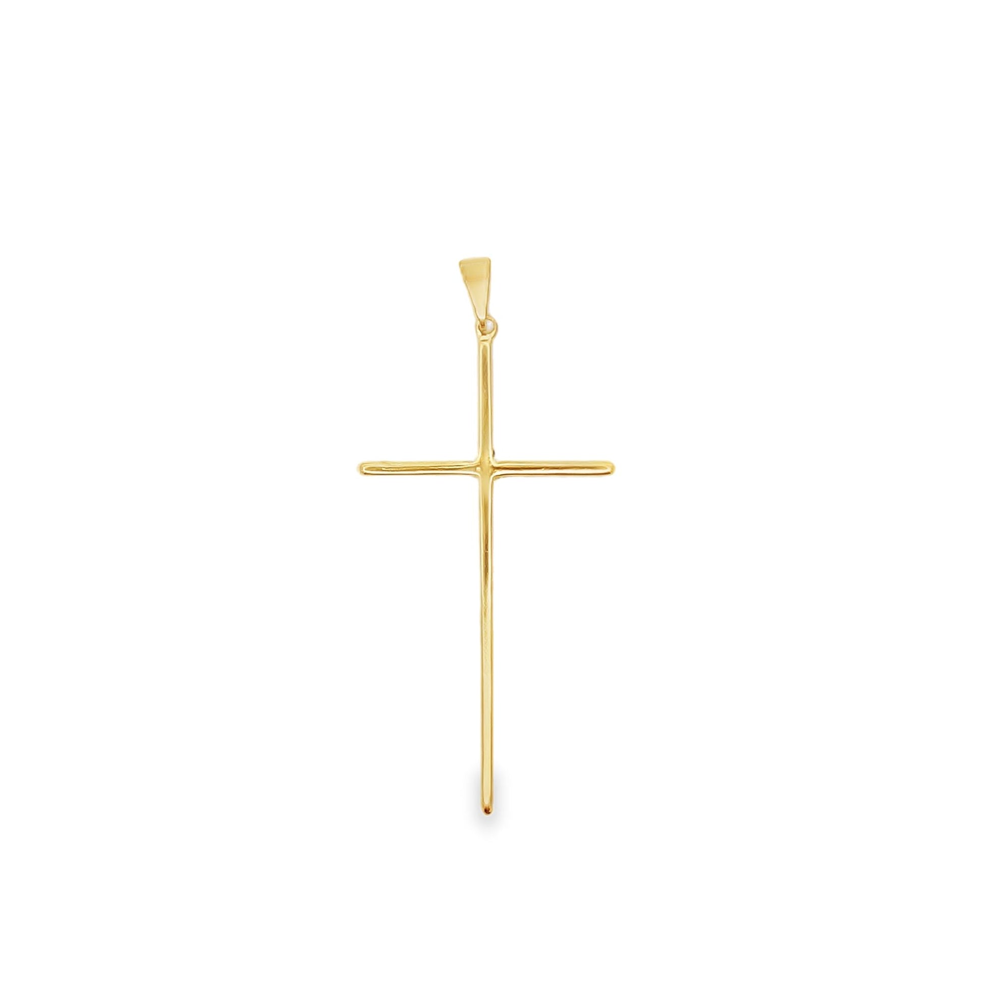A minimalist gold cross pendant hangs vertically against a clean white background.