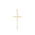 A minimalist gold cross pendant hangs vertically against a clean white background.
