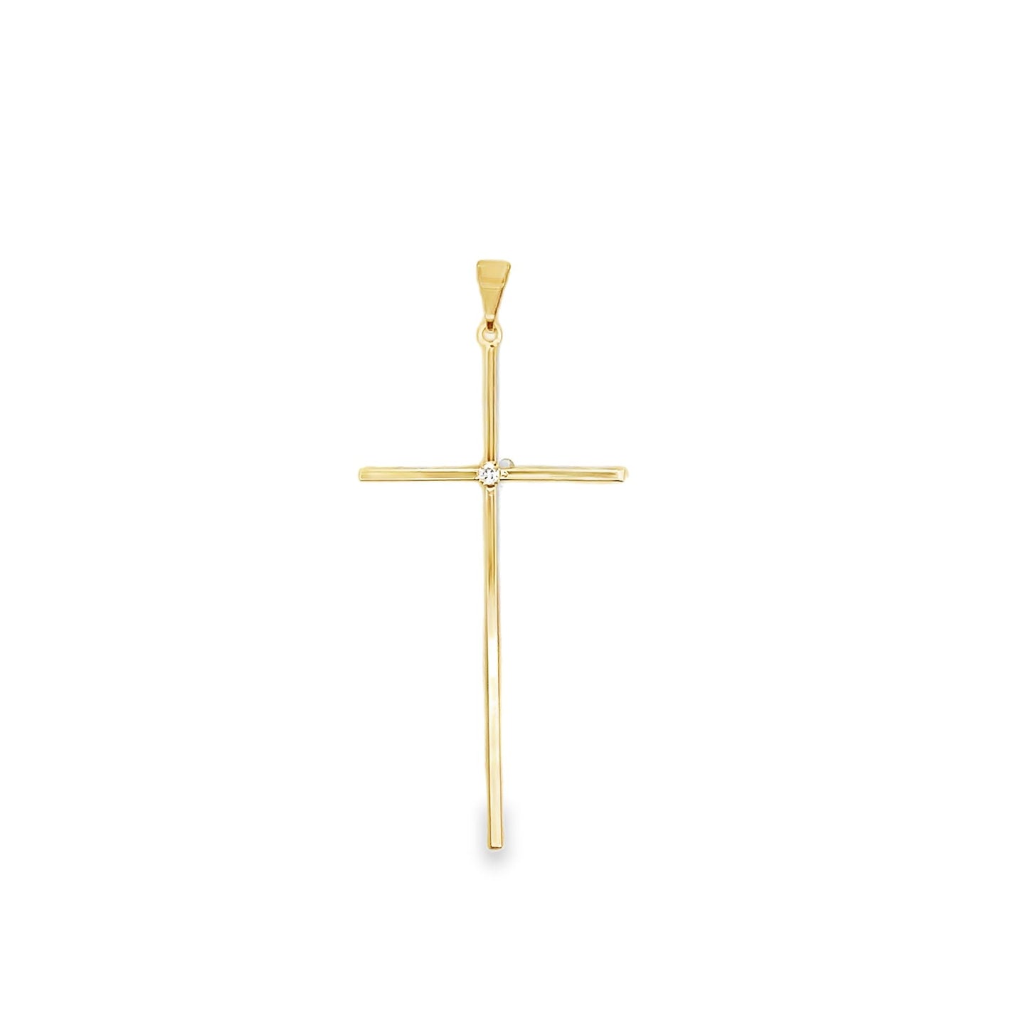 A delicate yellow gold cross pendant features a sparkling diamond accent at its center against a clean white background.