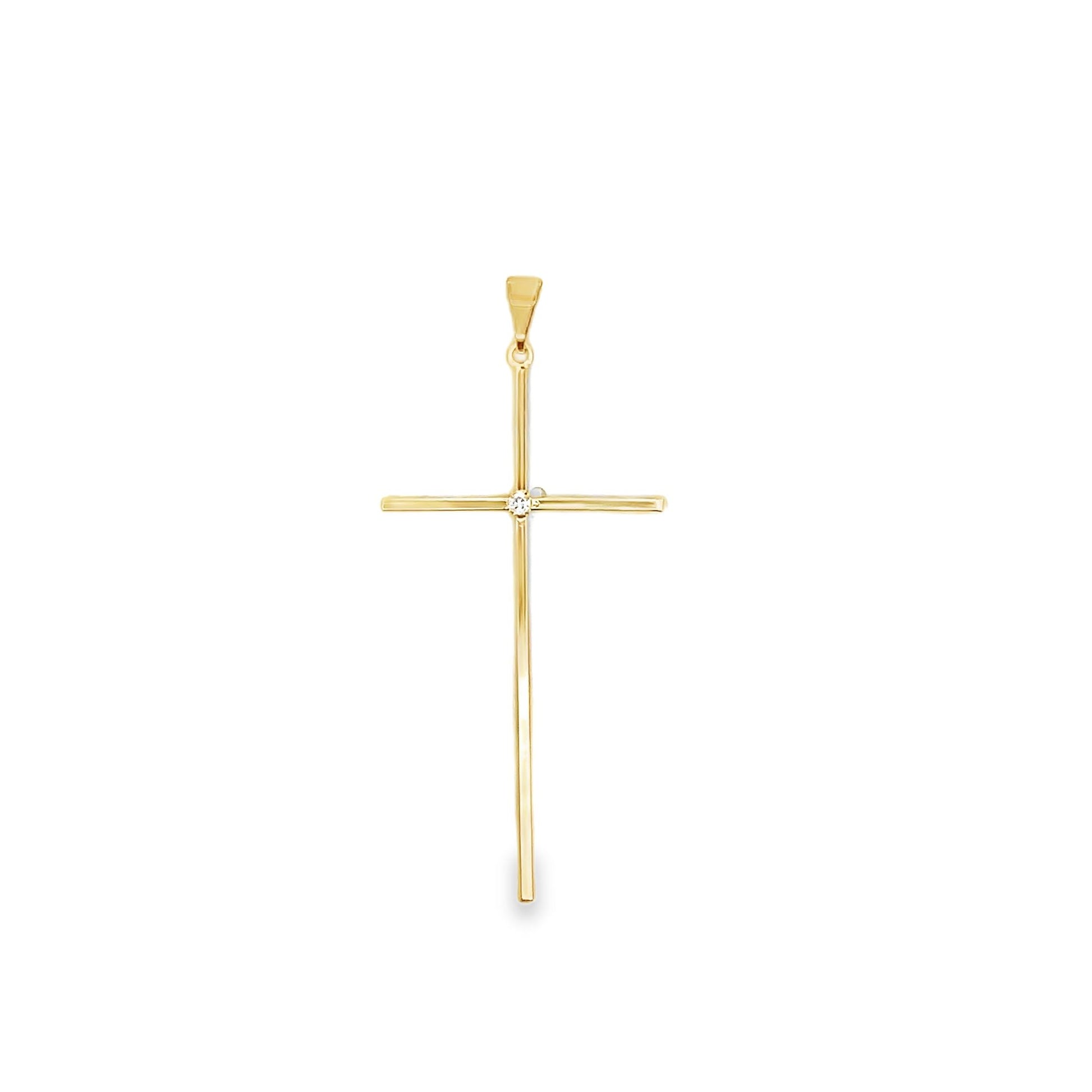 A delicate yellow gold cross pendant features a sparkling diamond accent at its center against a clean white background.