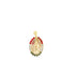 A gold Virgin Mary pendant features an oval frame bordered with red, white, and green stones.