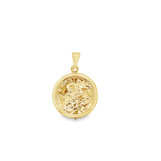 A shiny gold pendant featuring an embossed Saint George slaying the dragon hangs against a clean white background.