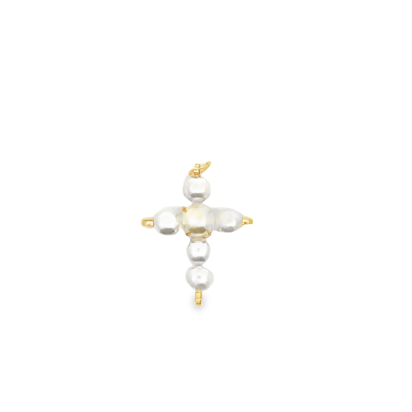 A gold cross pendant features white baroque pearls arranged in a cruciform shape against a plain white background.