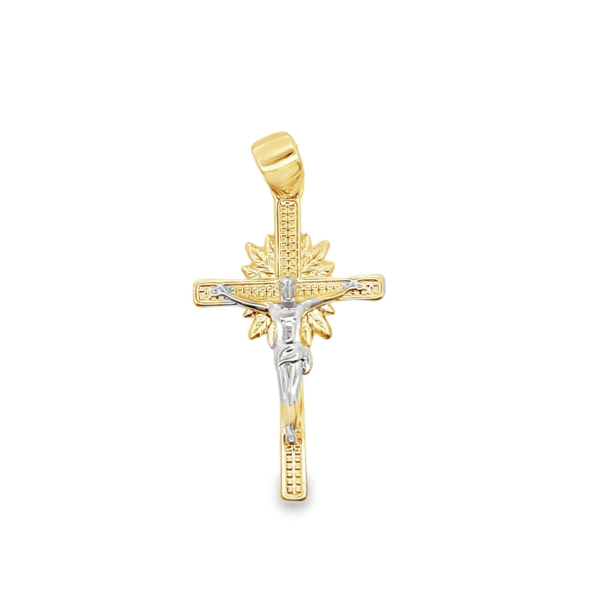 A detailed two-tone gold crucifix pendant features a white gold corpus of Jesus centered on a textured yellow gold cross with a sunburst design.