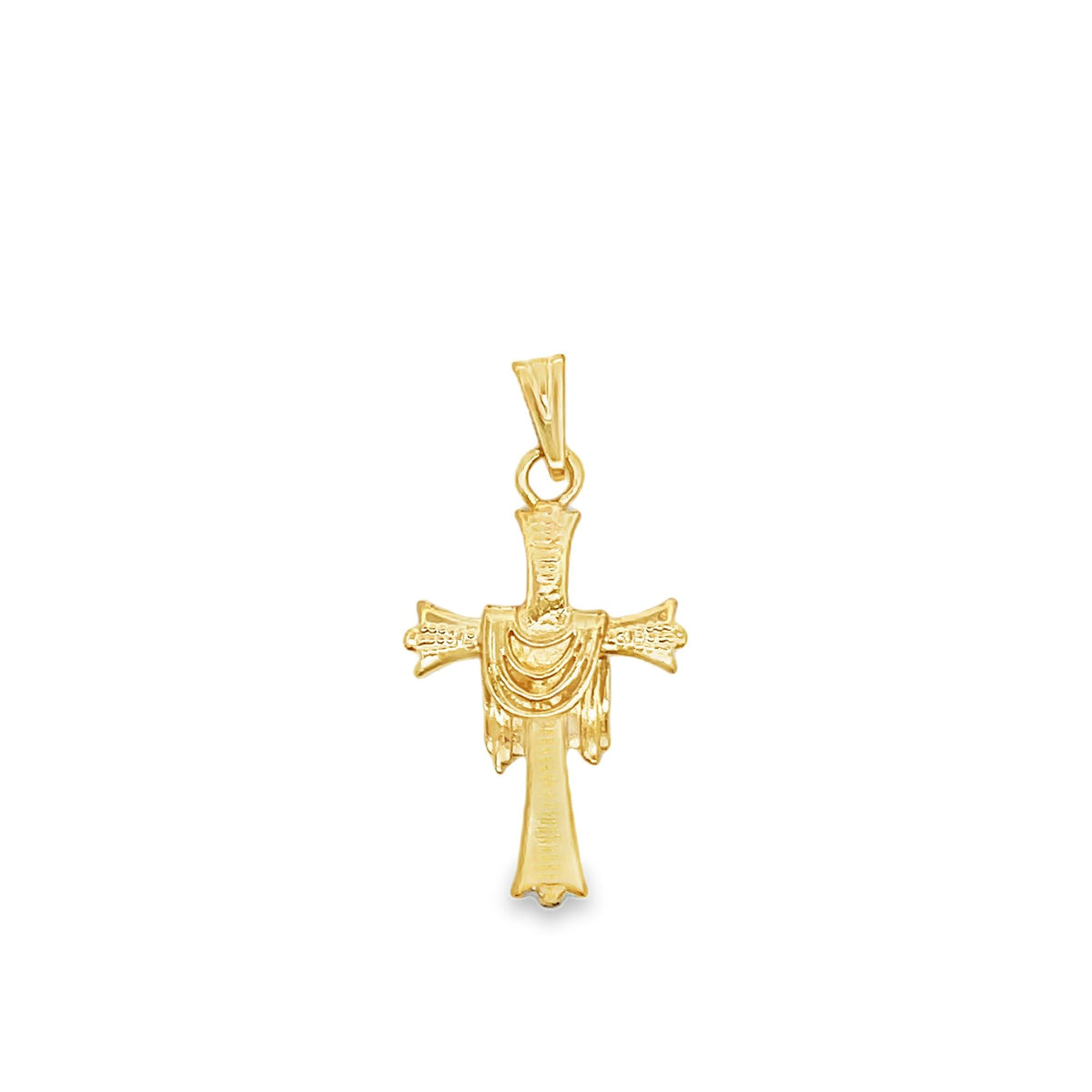 A polished yellow gold cross pendant features intricate textured details and drapes against a clean white background.