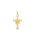 A polished yellow gold cross pendant features intricate textured details and drapes against a clean white background.