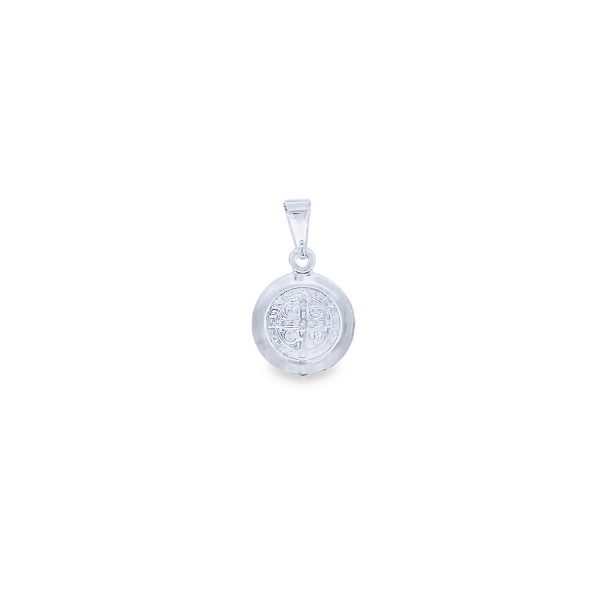 A shiny silver Saint Benedict pendant hangs against a clean white background.