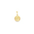 A polished gold Saint Benedict medal pendant displays intricate religious engravings on a clean white background.