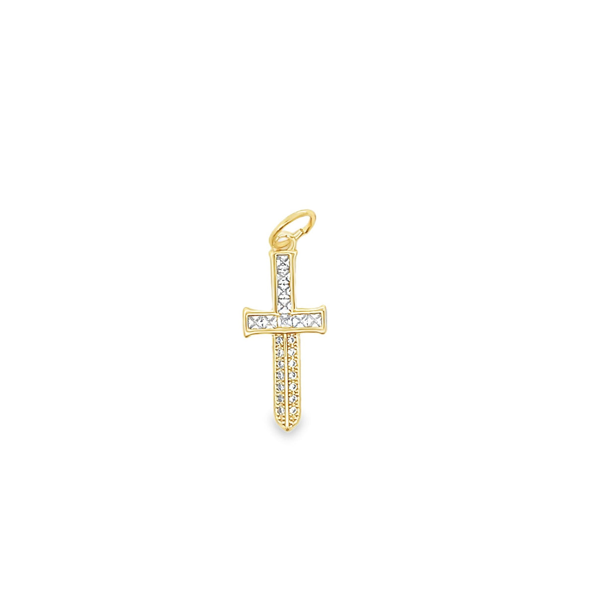 A gold sword pendant encrusted with sparkling diamonds glimmers against a clean white background.