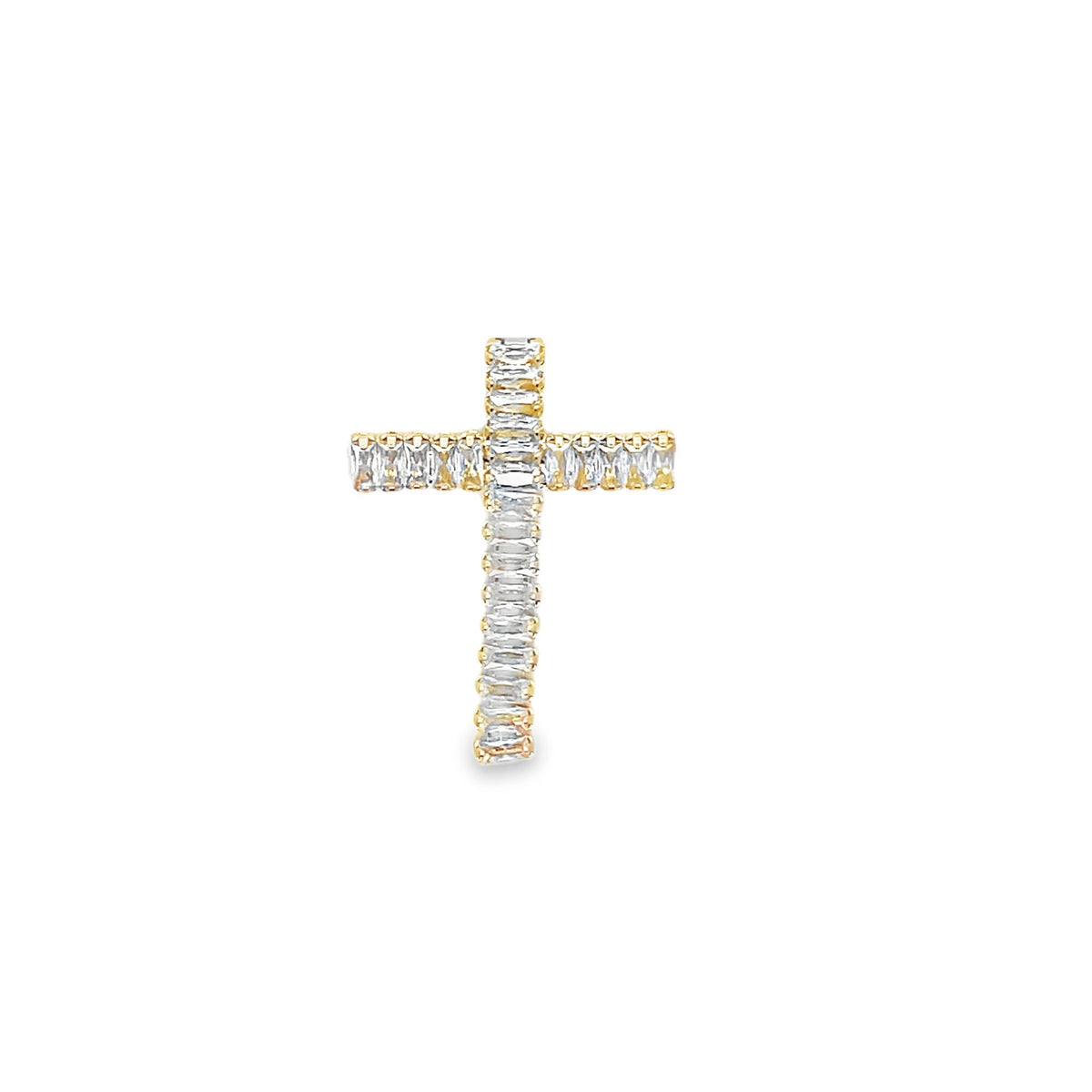A sparkling gold cross pendant shines against a plain white background, featuring neatly arranged baguette-cut cubic zirconia stones.