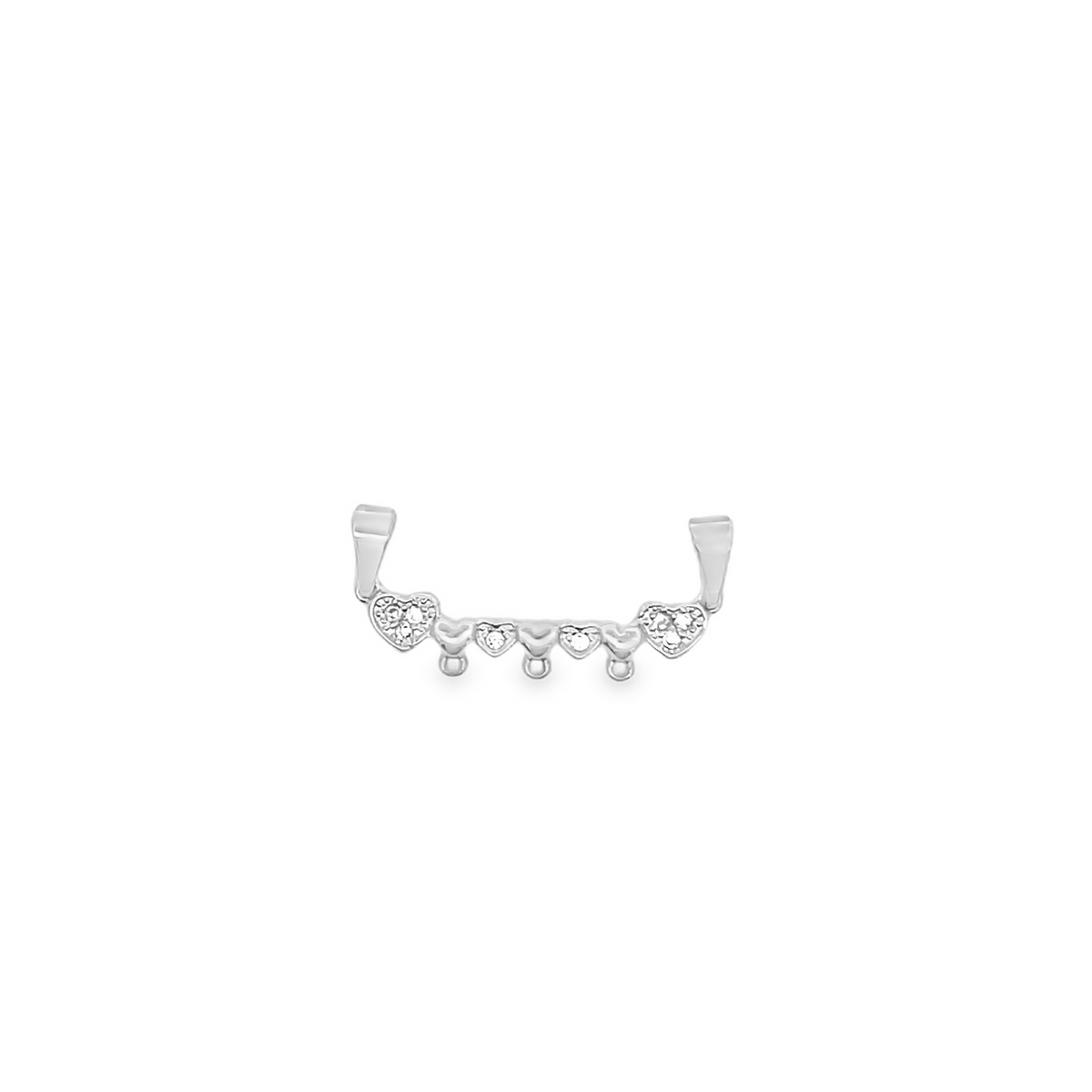 A delicate silver ear jacket featuring sparkling diamond-encrusted hearts rests against a clean white background.