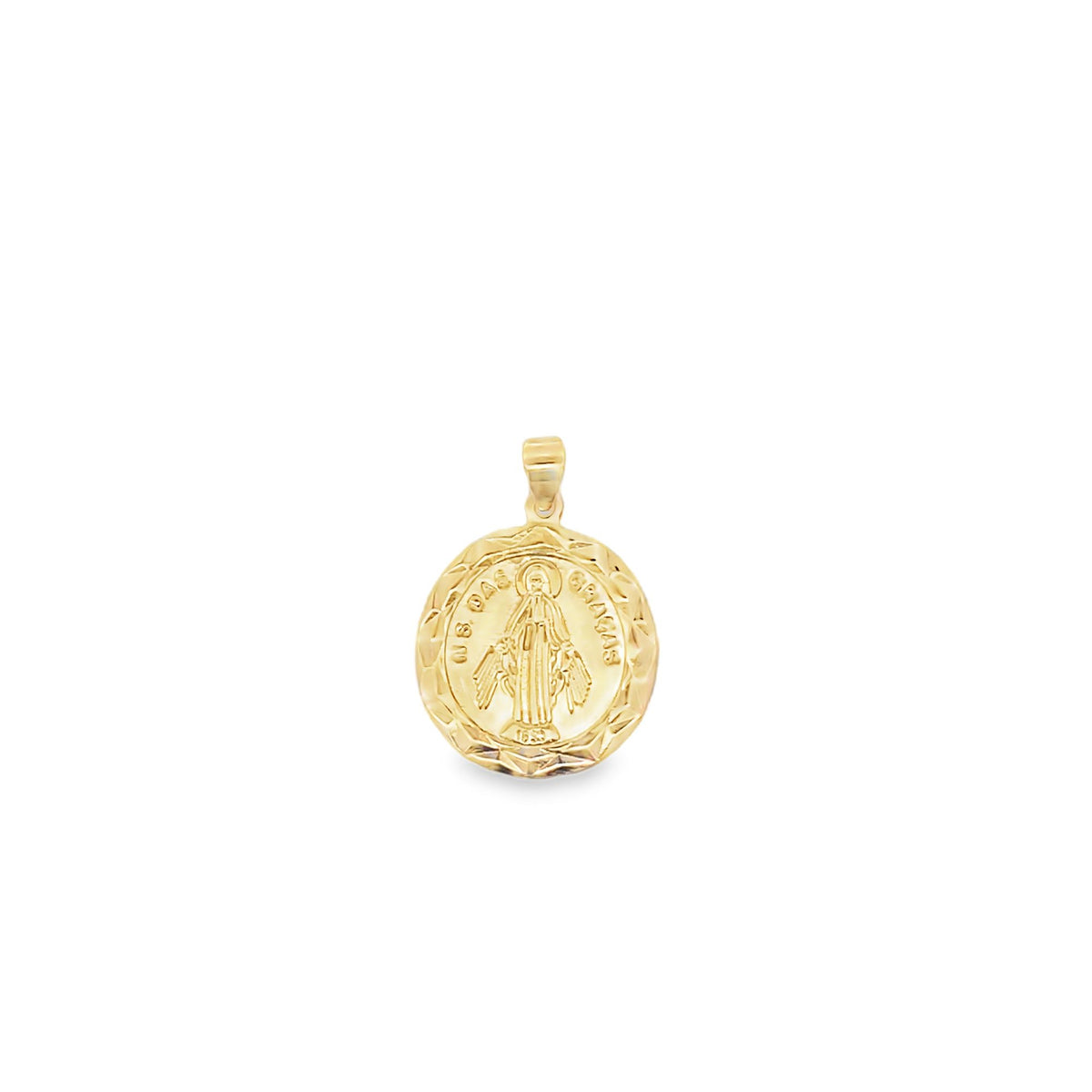 A gleaming gold Miraculous Medal pendant hangs against a clean white background.