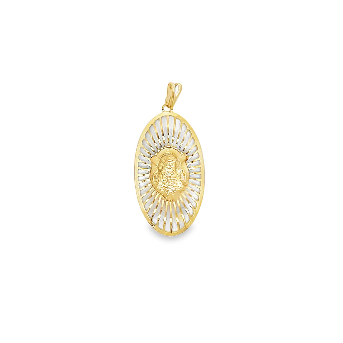 A gold oval religious pendant features a detailed image of the Virgin Mary surrounded by radiating sunburst rays against a white background.