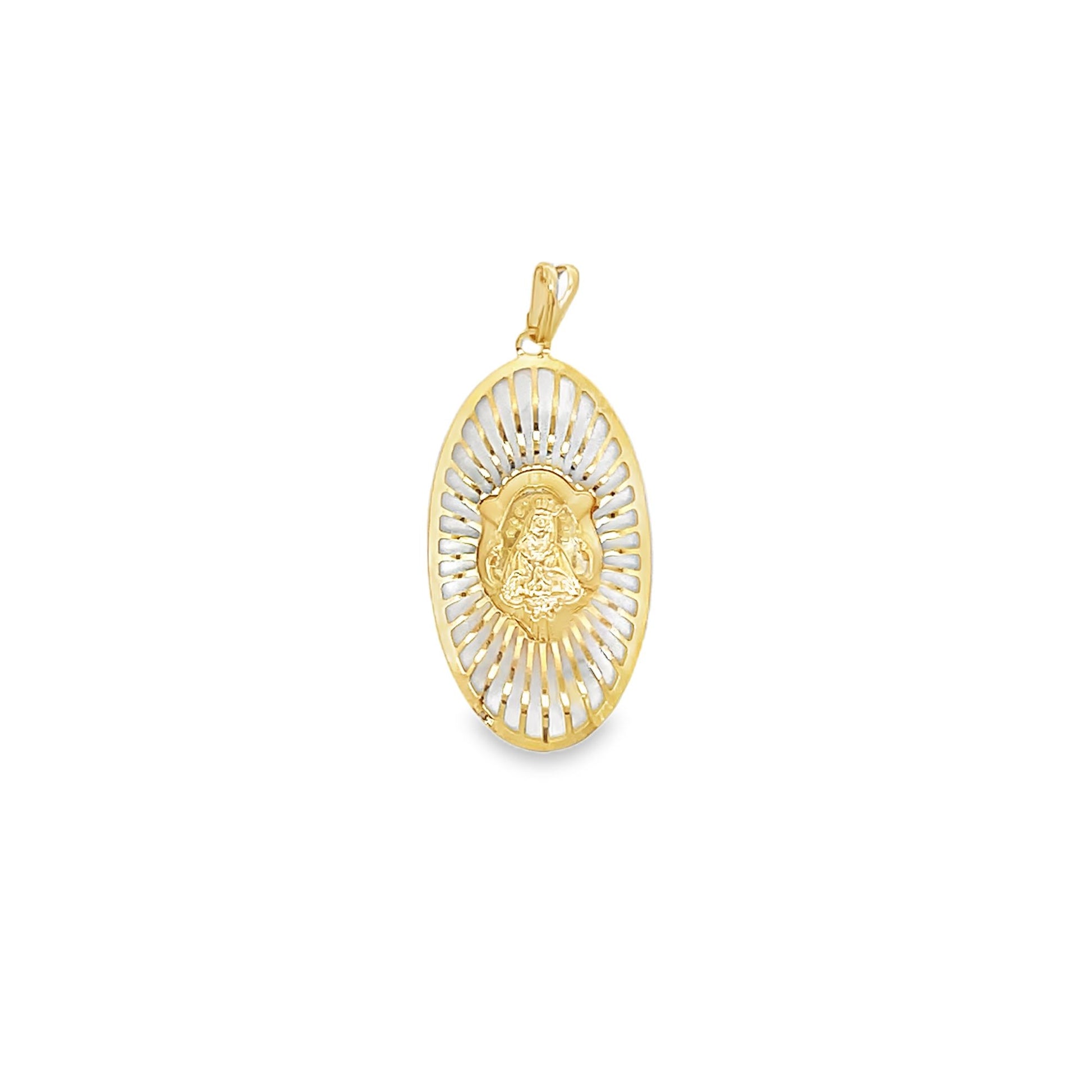 A gold oval religious pendant features a detailed image of the Virgin Mary surrounded by radiating sunburst rays against a white background.