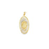 A gold oval religious pendant features a detailed image of the Virgin Mary surrounded by radiating sunburst rays against a white background.