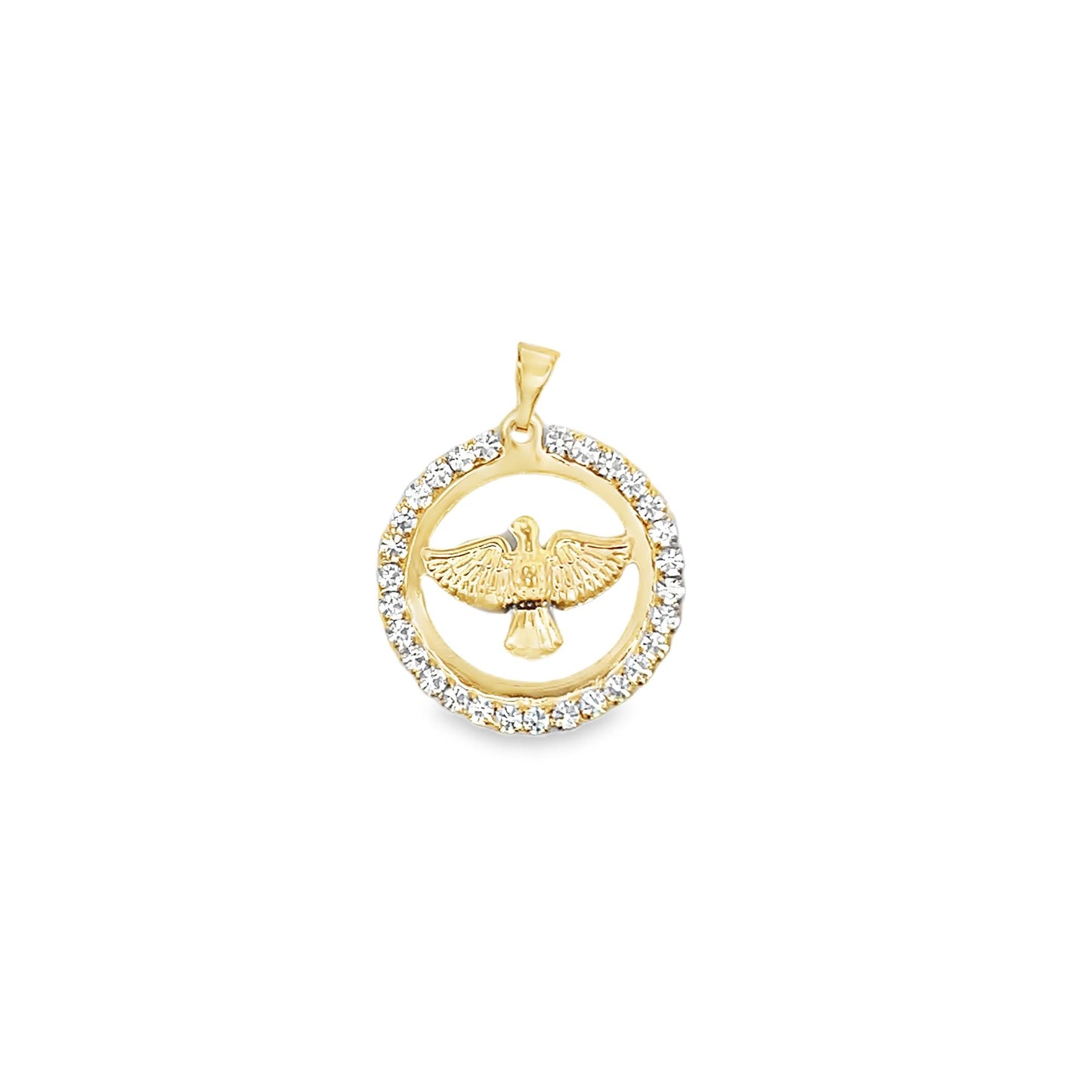 A gold pendant necklace features a circular frame encrusted with sparkling stones surrounding a detailed dove symbol.
