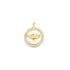 A gold pendant necklace features a circular frame encrusted with sparkling stones surrounding a detailed dove symbol.