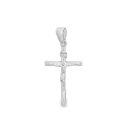 A polished white gold crucifix pendant hangs against a clean white background.