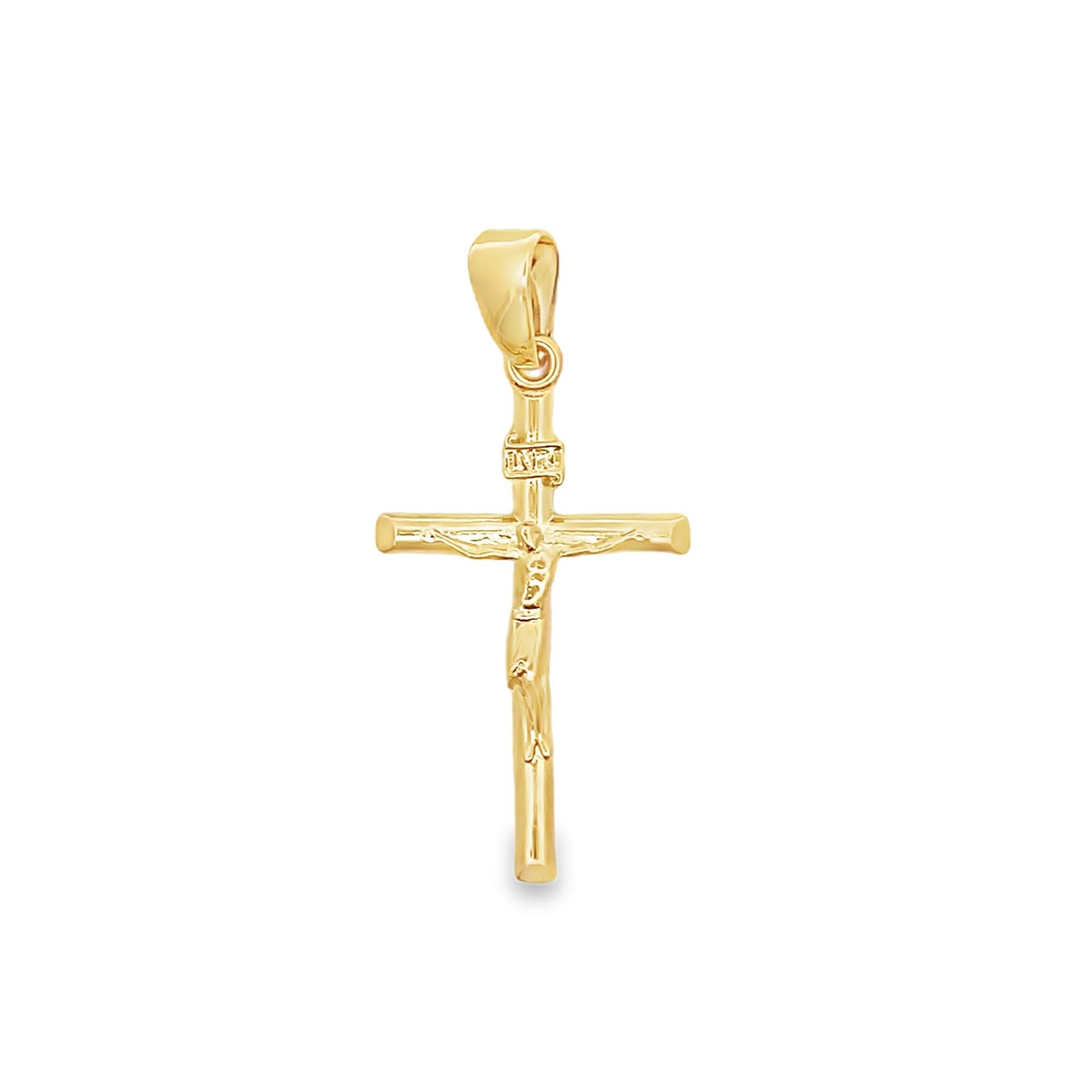 A polished yellow gold crucifix pendant features a detailed figure of Jesus against a plain white background.