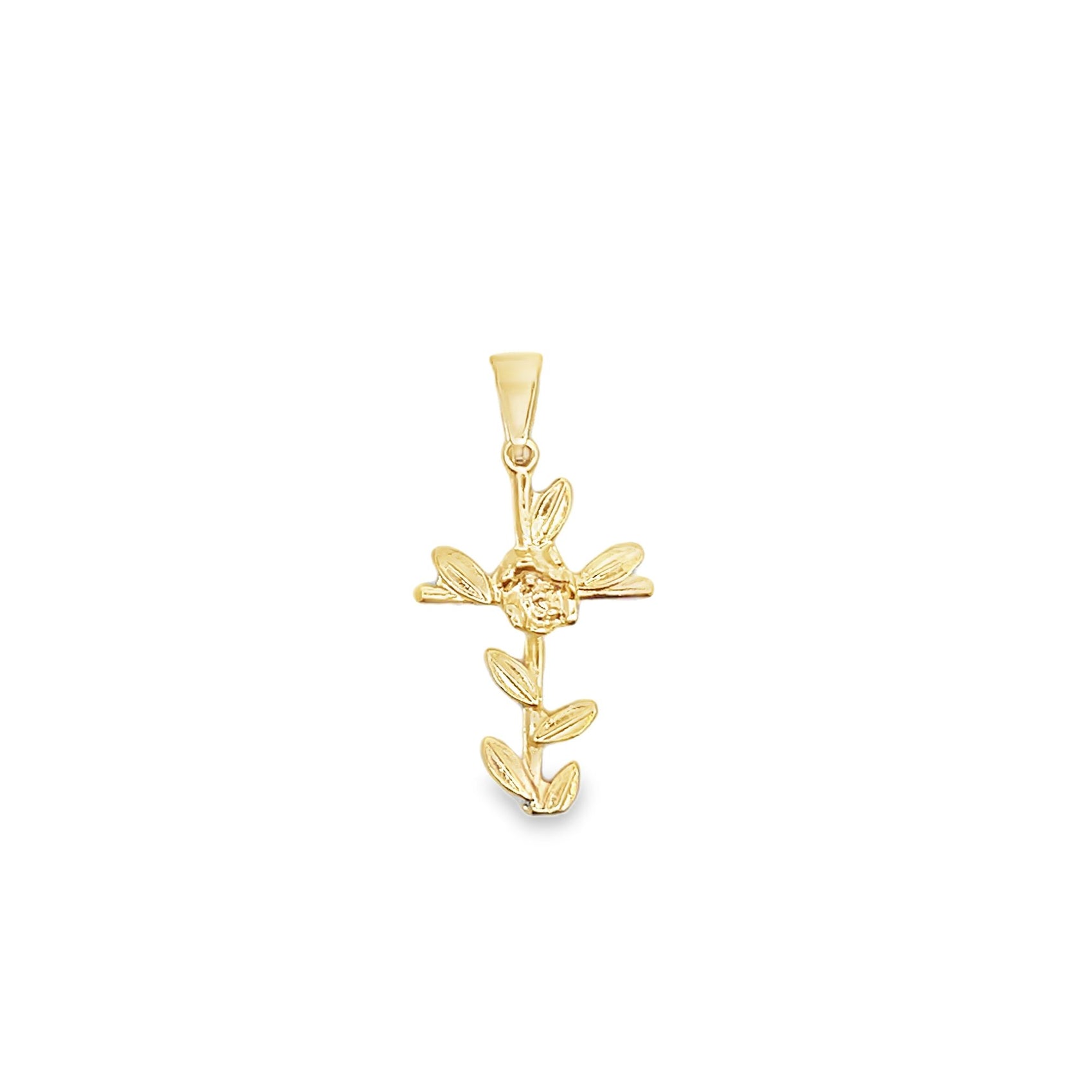 A gold floral cross pendant features a detailed flower at the center surrounded by delicate leaves.