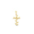 A gold floral cross pendant features a detailed flower at the center surrounded by delicate leaves.