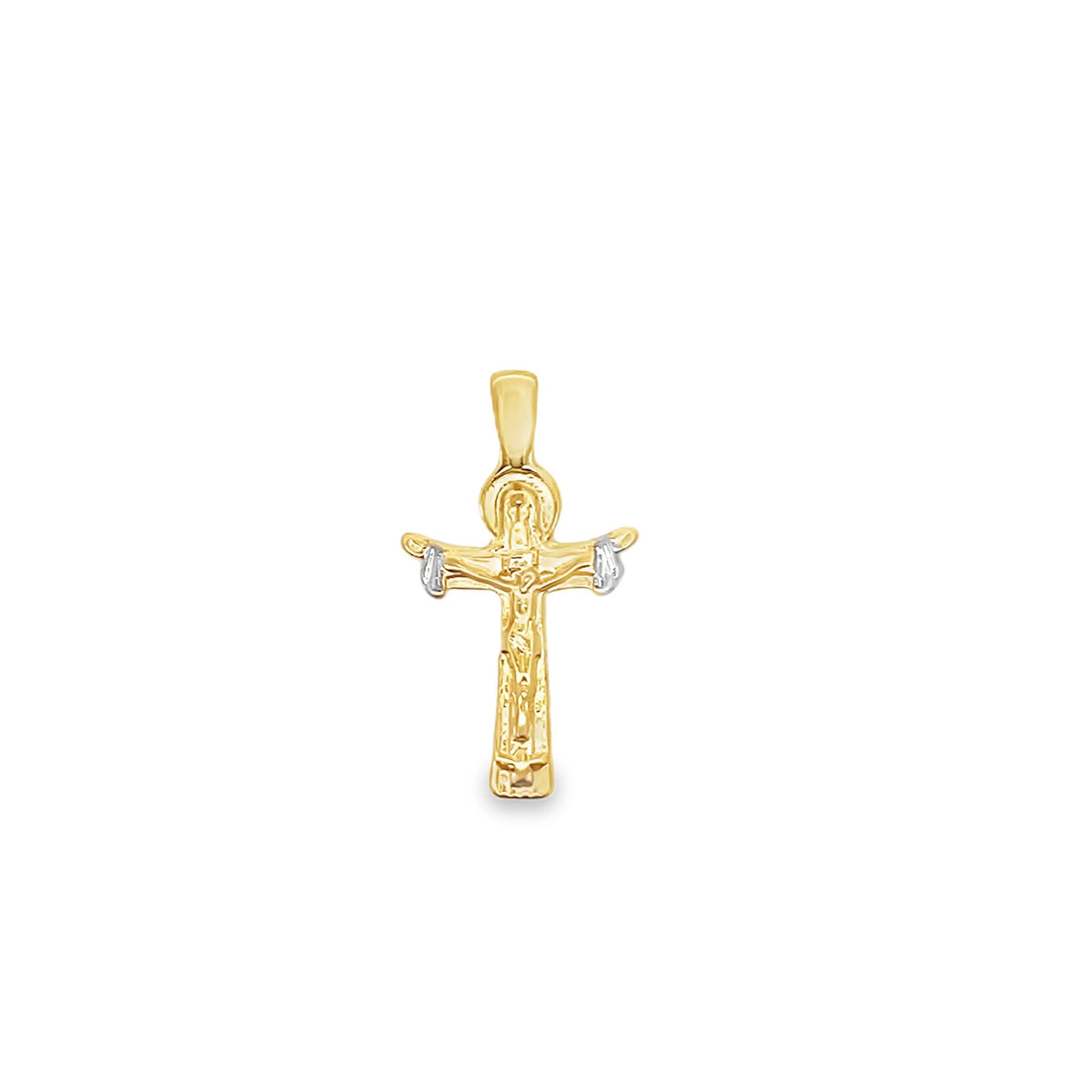 A polished yellow gold crucifix pendant features a detailed figure of Jesus with white gold accents on his hands.