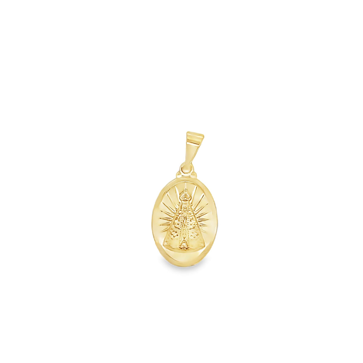 A gold Our Lady of Aparecida oval pendant hangs against a clean white background.