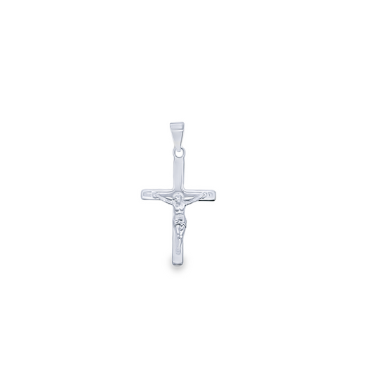 A polished silver crucifix pendant features a detailed figure of Jesus against a plain white background.