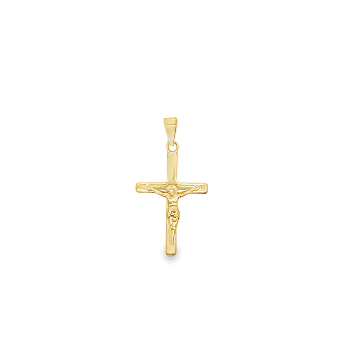 A polished yellow gold crucifix pendant hangs against a clean white background.