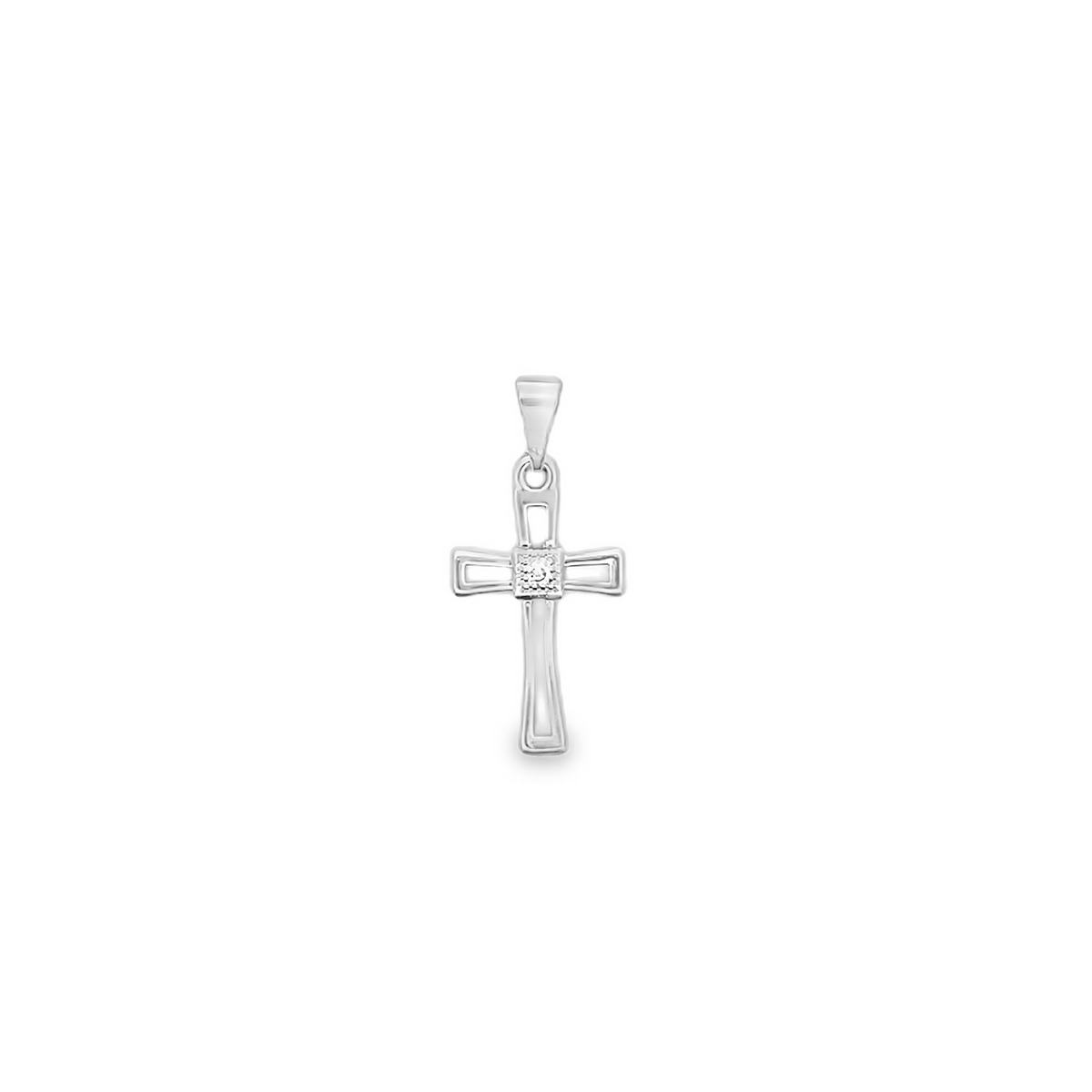 A delicate white gold cross pendant features a sparkling diamond accent at its center against a clean white background.