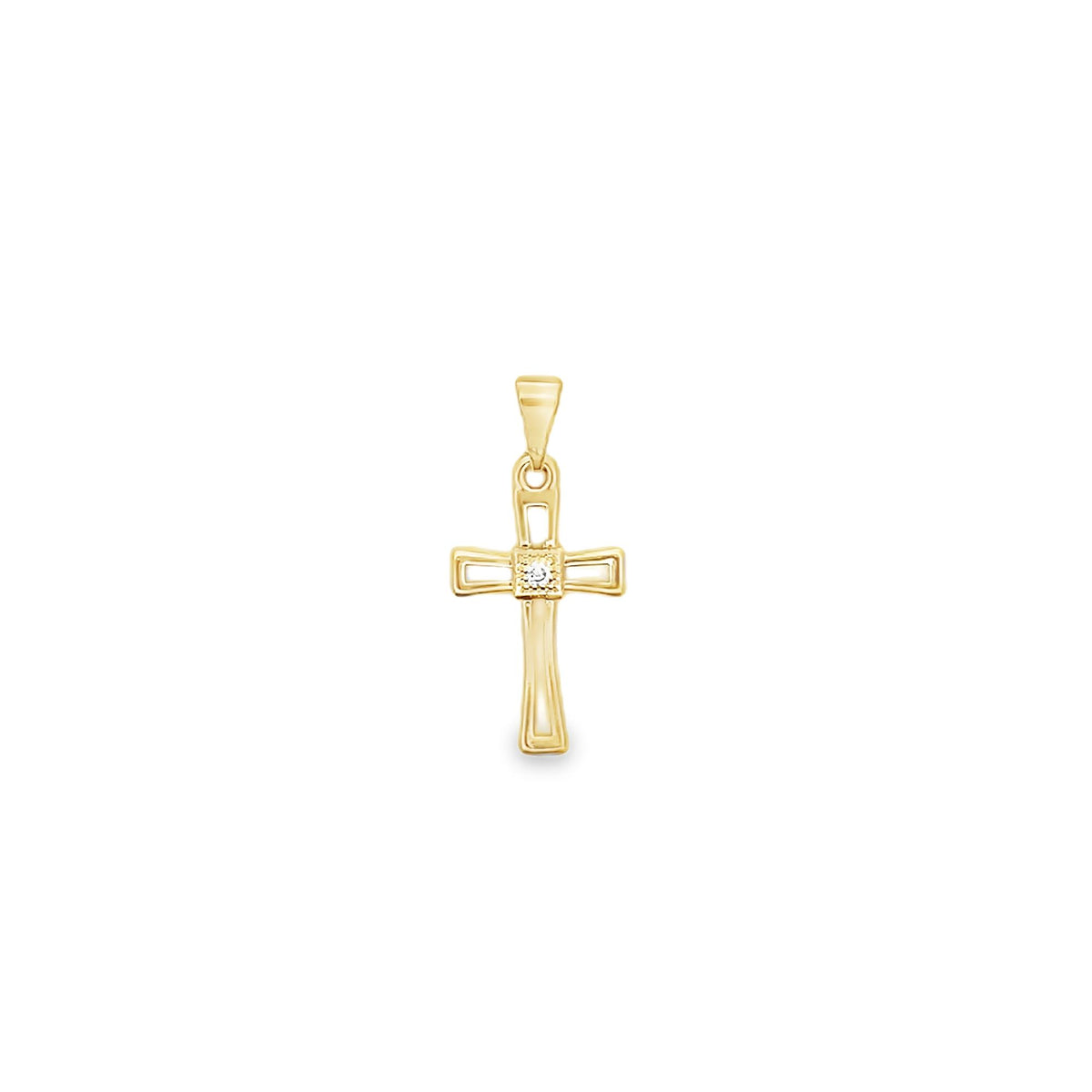 A delicate gold cross pendant features a sparkling diamond accent at its center against a clean white background.