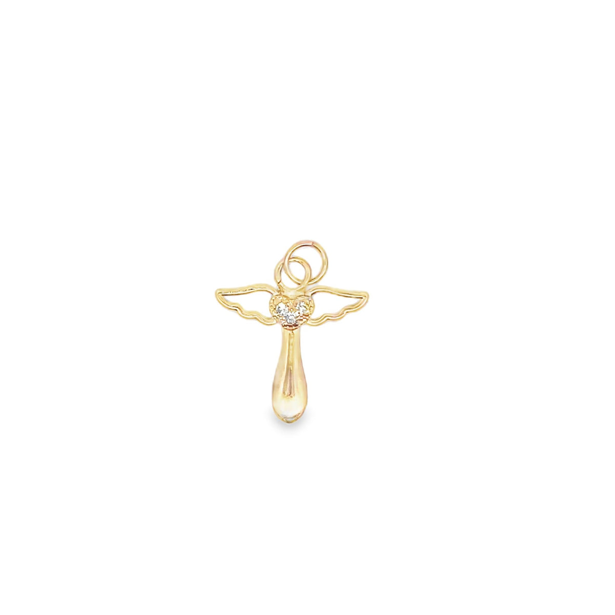 A delicate gold angel pendant features sparkling diamond accents on its heart-shaped body and outstretched wings.