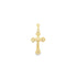 A detailed gold crucifix pendant features an ornate, textured design with a delicate figure of Jesus.