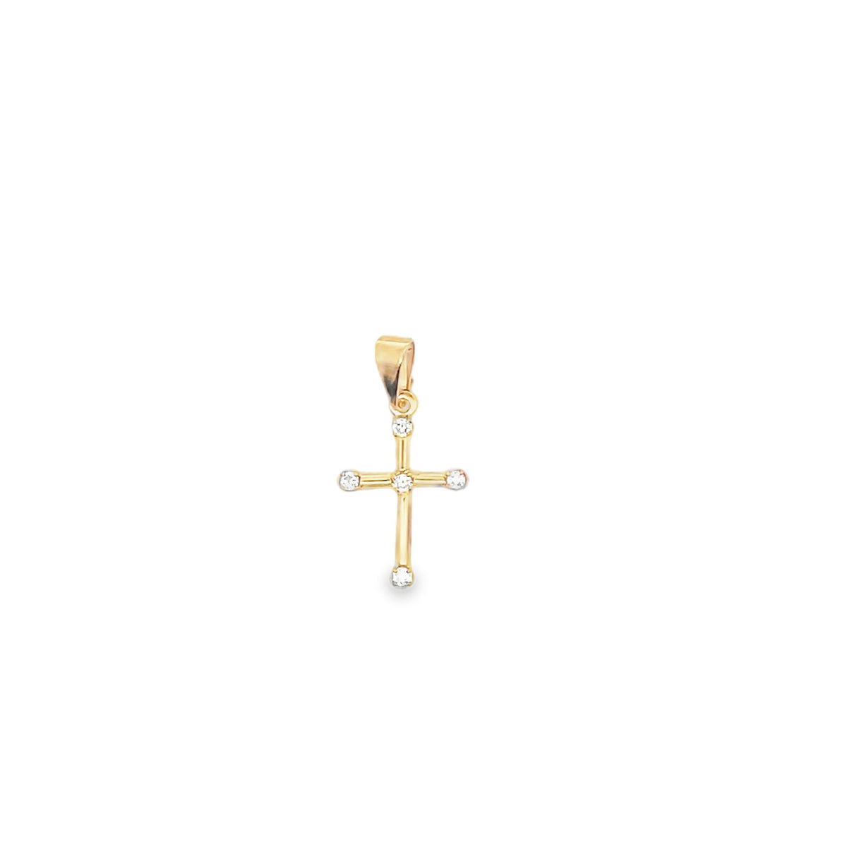 A delicate gold cross pendant sparkles with inlaid diamonds on a white background.