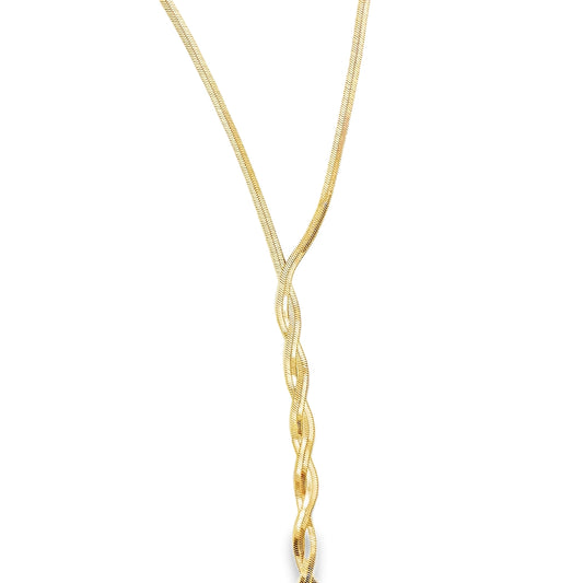 A delicate gold herringbone chain necklace twists gracefully in a y-shape against a white background.