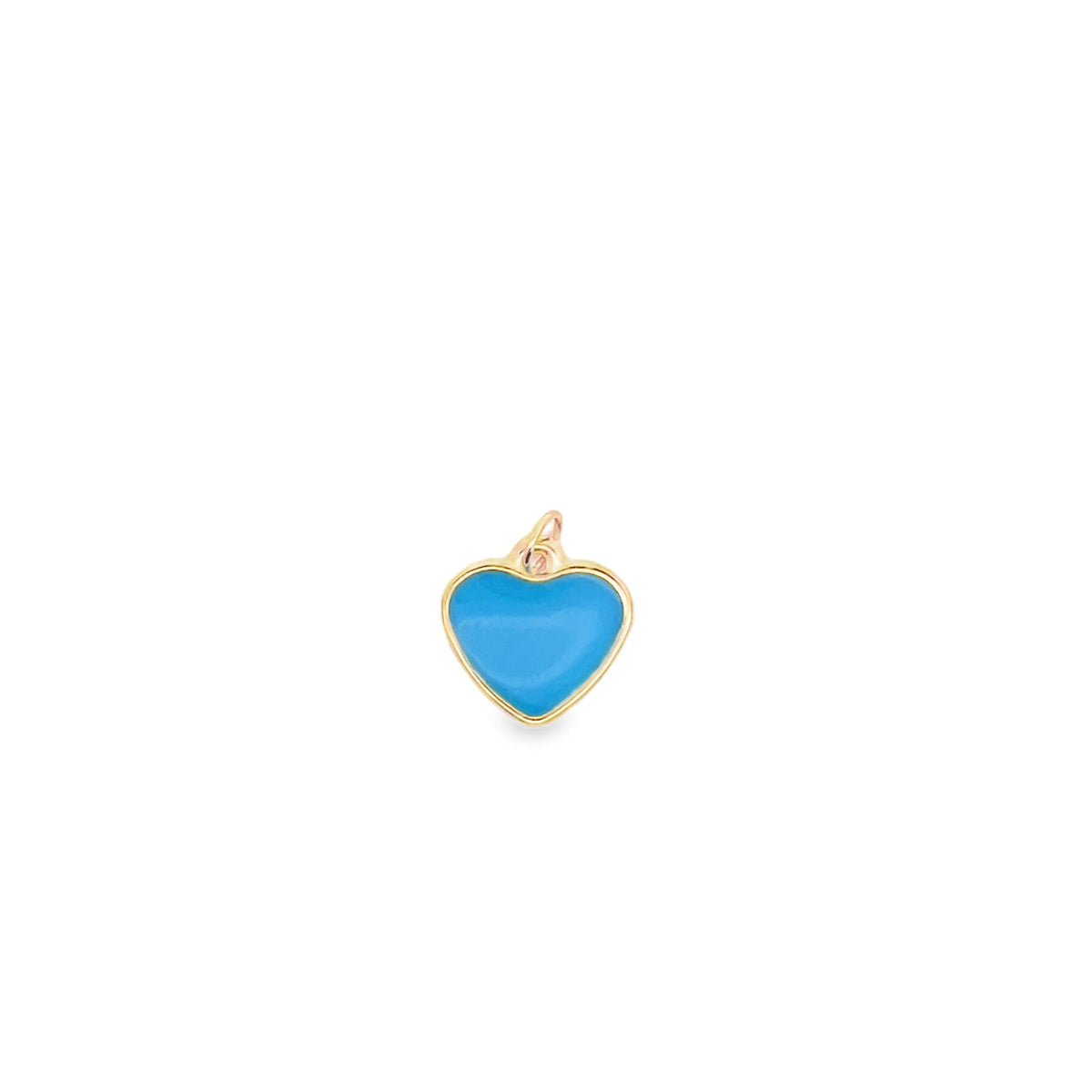 A glossy blue enamel heart charm features a shiny gold border against a clean white background.