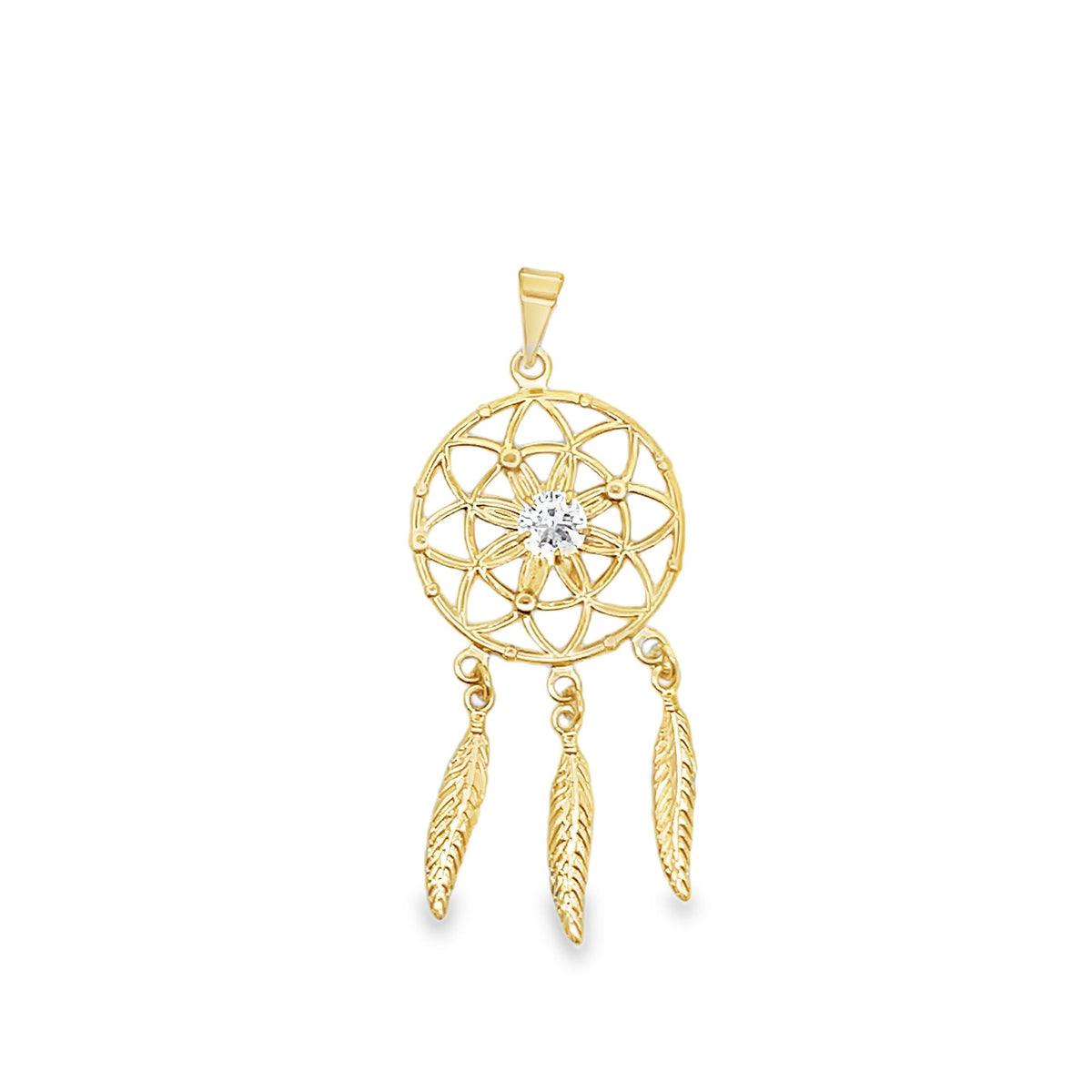 A delicate gold dreamcatcher pendant featuring a central sparkling diamond and three dangling feathers hangs against a white background.