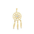 A delicate gold dreamcatcher pendant featuring a central sparkling diamond and three dangling feathers hangs against a white background.