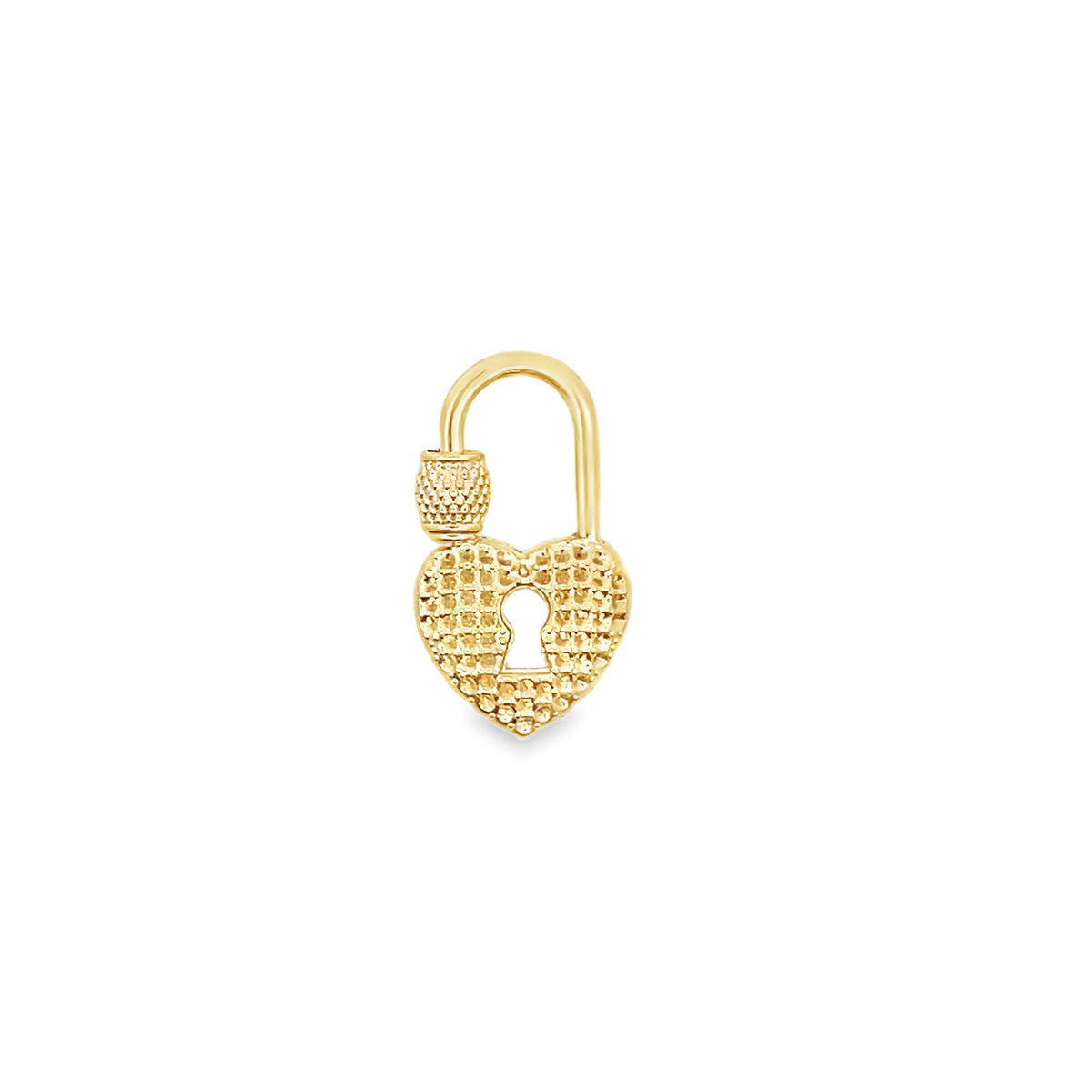 A textured gold heart-shaped padlock charm features a keyhole at its center.