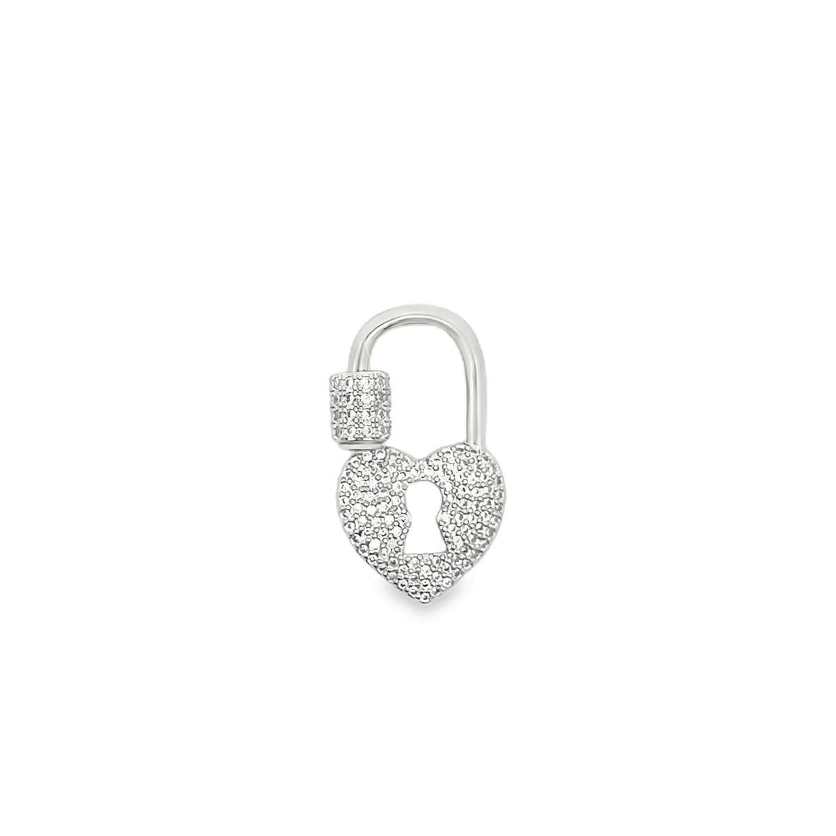 A sparkling silver padlock pendant shaped like a heart glistens against a clean white background.