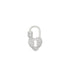 A sparkling silver padlock pendant shaped like a heart glistens against a clean white background.