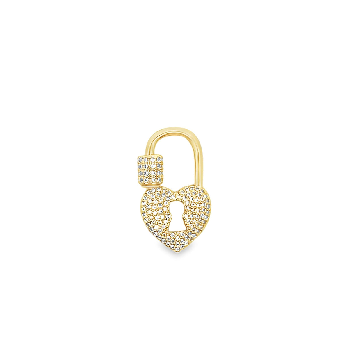 A gold heart-shaped padlock pendant sparkles with pave-set diamonds against a plain white background.