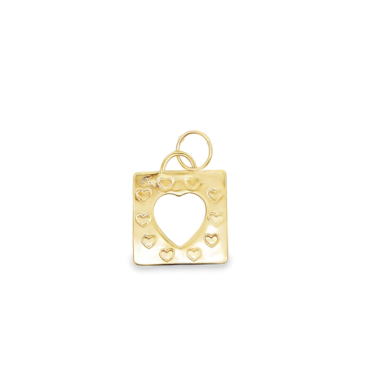 A polished gold square pendant features a large cutout heart at its center and a border of smaller engraved hearts.