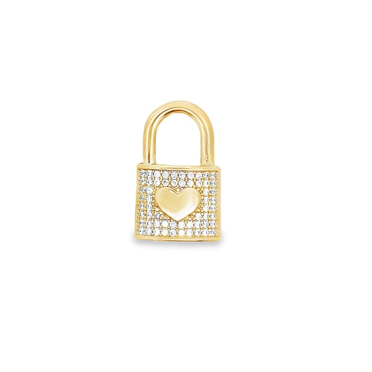 A gold padlock pendant features a pavé diamond face centered with a polished gold heart.