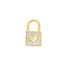 A gold padlock pendant features a pavé diamond face centered with a polished gold heart.