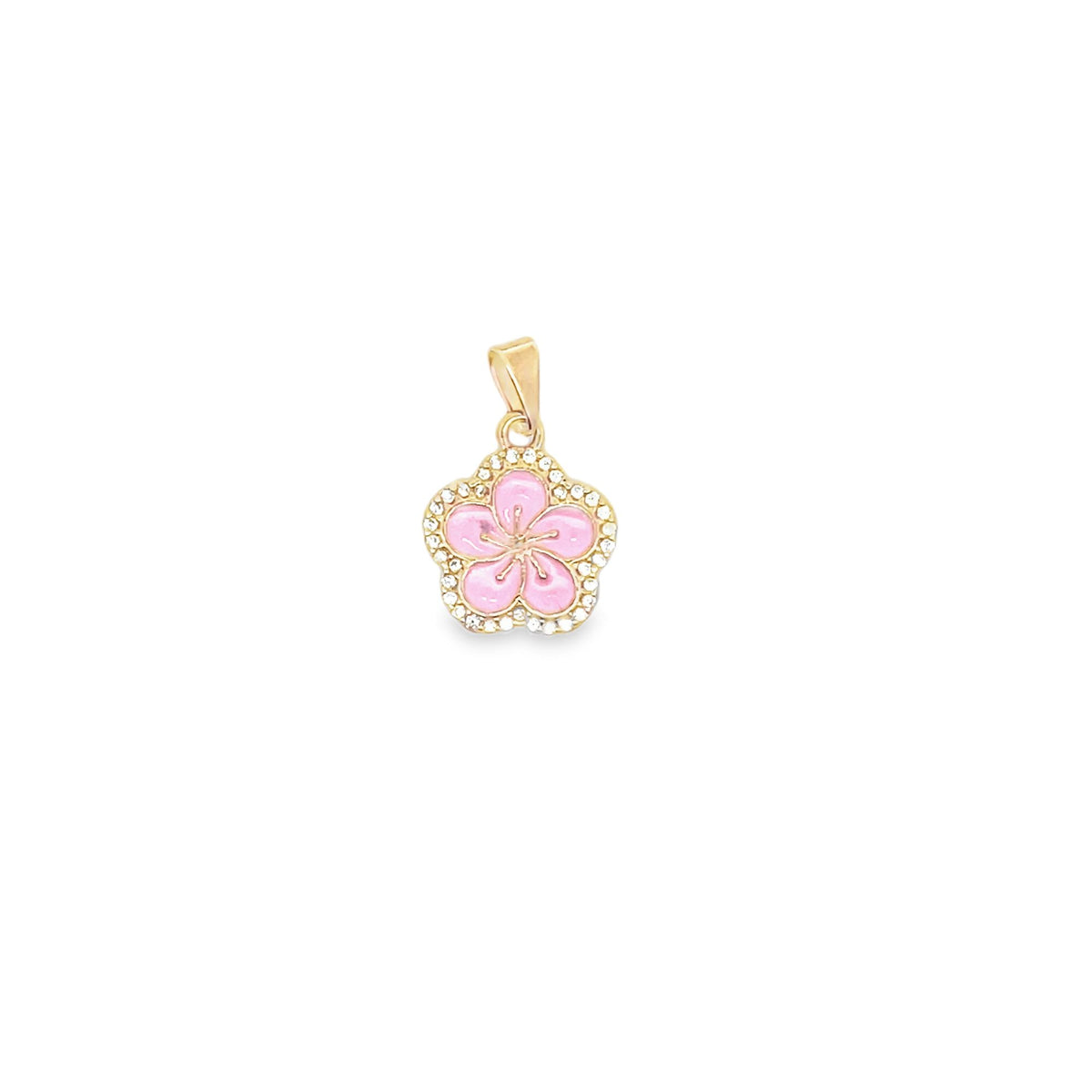 A delicate gold flower pendant features pink enamel petals and a sparkling crystal-镶 diamond border.